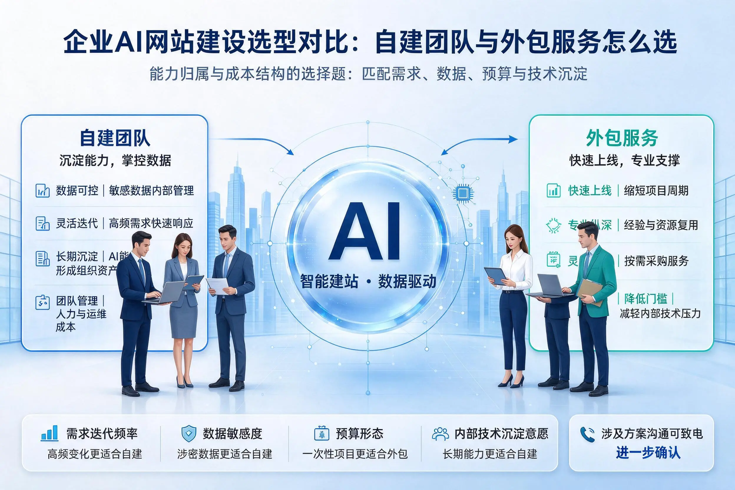 阿克苏企业AI网站建设选型对比：自建团队与外包服务怎么选